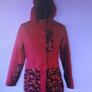 Women’s Red Hooded Jacket with Geometric Trim